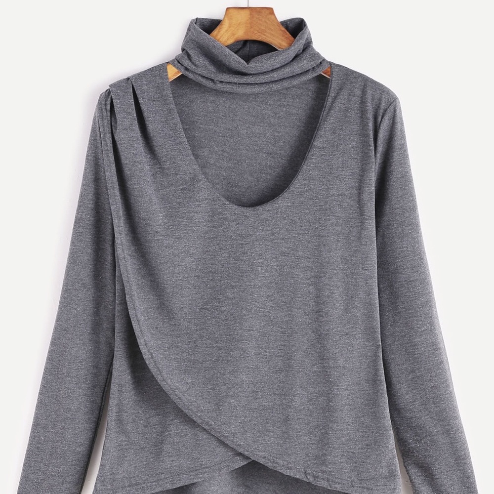 Boutique Grey Dip Hem Choker Neck Wrap Front Tee